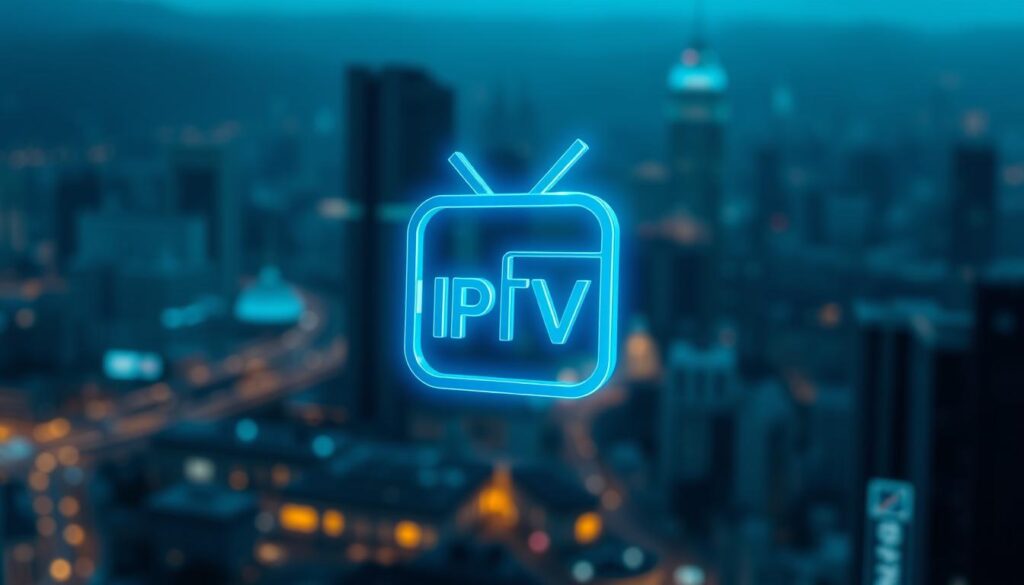 A sleek, minimalist IPTV logo overlay glowing against a backdrop of blurred, futuristic cityscape. The logo, a stylized combination of an IPTV symbol and a digital stream, is rendered in a cool, metallic hue that subtly reflects the surrounding lights. The foreground is sharply in focus, while the background fades into a hazy, neon-tinged urban panorama, conveying a sense of advanced, high-tech customization possibilities. Soft, directional lighting casts dramatic shadows, creating depth and emphasizing the overlay's three-dimensional form. The overall aesthetic is one of sophisticated, cutting-edge personalization in the world of IPTV.