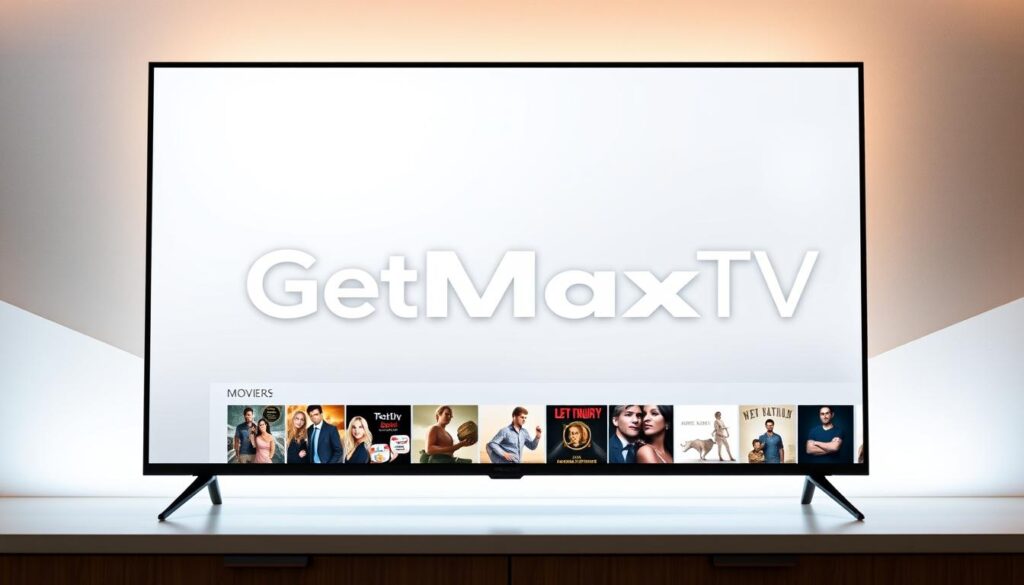 A sleek, modern 4K IPTV service interface, showcasing a clean and intuitive design. In the foreground, a high-definition TV display prominently features the GetMaxTV logo, rendered in a bold, striking typeface. The middle ground depicts a range of on-demand content, with thumbnails of popular 4K movies and TV shows, all meticulously detailed. The background features a minimalist, yet sophisticated color palette, with subtle gradients and geometric shapes that convey a sense of technology and innovation. The overall scene is illuminated by a soft, natural lighting, creating a warm and inviting atmosphere that reflects the reliable and user-friendly nature of the GetMaxTV IPTV service.