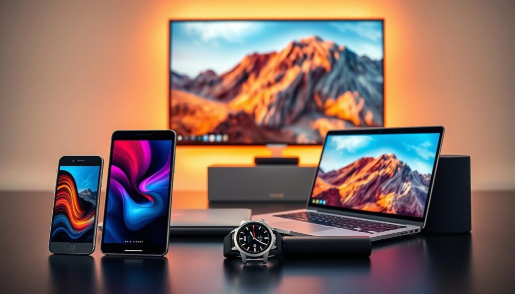 A sleek, modern array of devices arranged in a visually striking composition. In the foreground, a high-end smartphone, tablet, and smartwatch in premium metallic finishes, their screens glowing with vivid digital content. In the middle ground, a slim, minimalist laptop and a stylish wireless speaker system, bathed in warm, directional lighting that accentuates their elegant forms. In the background, a large, ultra-high-definition television displaying vibrant, cinematic imagery, surrounded by a clean, minimalist environment that emphasizes the devices' universal compatibility and seamless integration. The overall scene conveys a sense of technological sophistication, connectivity, and the effortless enjoyment of digital media across a variety of smart, contemporary devices.