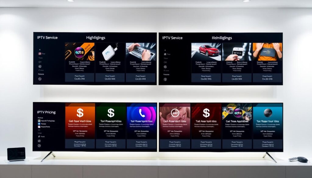 A sleek, modern interface displaying two rows of neatly organized product tiles, each showcasing a different IPTV service. The tiles feature clear pricing, feature highlights, and value propositions, allowing the viewer to effortlessly compare and contrast the options. The layout is clean and minimalist, with a neutral color palette and subtle gradients that create a sense of depth and dimension. Soft, diffused lighting illuminates the scene, giving it a professional and authoritative feel. The overall composition guides the eye seamlessly across the comparative information, empowering the viewer to make an informed decision.
