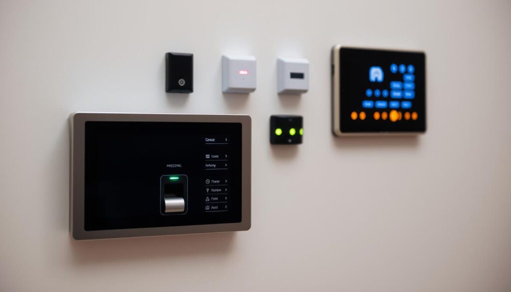 A sleek, modern security control access panel set against a clean, minimalist background. In the foreground, a biometric fingerprint scanner and a touchscreen display with intuitive menu options. Behind it, a series of access control sensors and LED indicators, bathed in a soft, ambient lighting. The overall scene conveys a sense of technological sophistication, security, and effortless control - ideal for a family-focused IPTV service that prioritizes safety and usability.