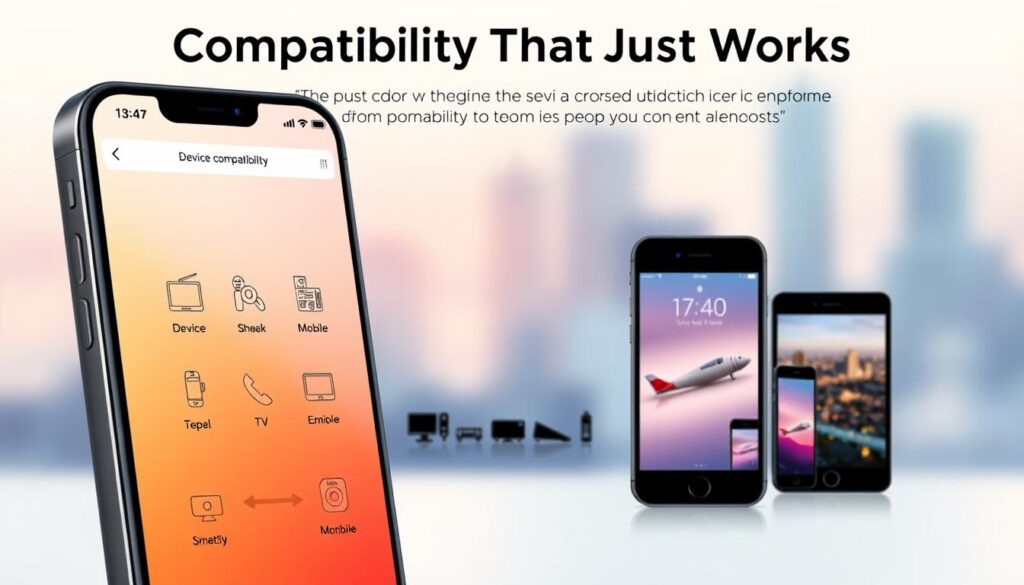 A sleek, modern smartphone app interface with a warm, inviting color palette. The foreground features stylized icons and intuitive controls, showcasing various device compatibility options. In the middle ground, a simplified diagram illustrates seamless integration across a range of platforms, from smart TVs to mobile devices. The background depicts a softly blurred cityscape, hinting at the app's ubiquitous connectivity. The overall mood is one of effortless technology that empowers users, conveying the "Compatibility That Just Works" ethos.