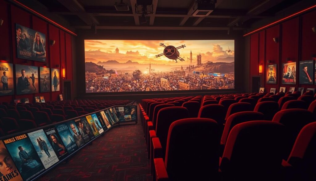 A vast cinematic landscape, illuminated by the warm glow of a film projector. In the foreground, an array of movie posters showcasing a diverse range of genres and eras, their vibrant colors and captivating artwork inviting the viewer to explore. The middle ground is filled with plush theater seats, the rich velvet fabric and elegant design evoking the grand movie palaces of yesteryear. In the background, a massive screen displays a breathtaking montage of iconic movie scenes, from sweeping landscapes to daring action sequences, all captured in stunning cinematic detail. The lighting is a perfect balance of dramatic shadows and highlights, creating a sense of immersion and wonder. This image perfectly captures the essence of the ultimate movie-watching experience, a celebration of the art and magic of cinema.