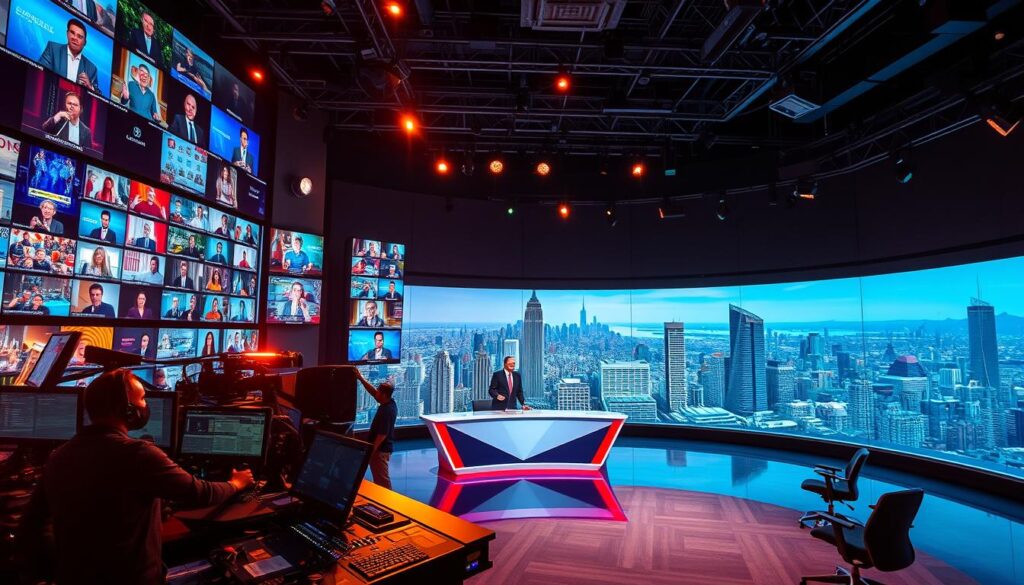 A vibrant and dynamic live television studio, with a large video wall displaying a collage of live news channels from around the world. The scene is bathed in a warm, cinematic lighting, creating a sense of energy and urgency. In the foreground, a well-equipped control room with a team of technicians monitoring the various feeds, adjusting the cameras and audio levels to ensure a seamless viewing experience. The middle ground features a sleek, modern news anchor desk, where a charismatic host delivers the latest updates to an engaged audience. The background showcases a panoramic view of a bustling city skyline, reinforcing the global reach and scale of the live television network. The overall atmosphere exudes a sense of professionalism, innovation, and the ability to deliver a comprehensive, real-time entertainment and information platform.