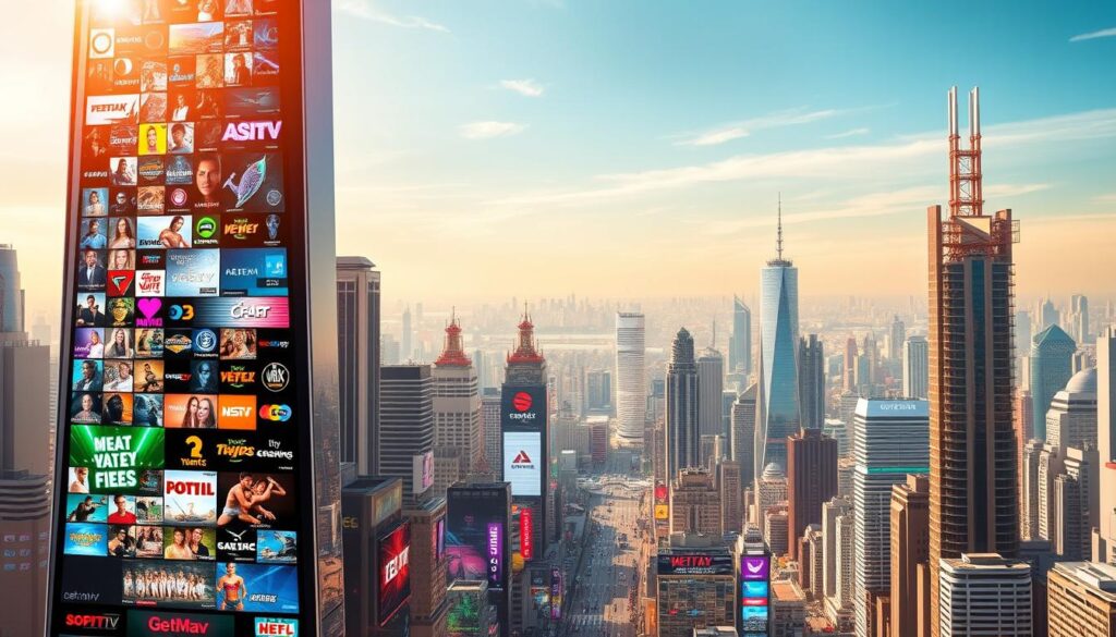 A vibrant, futuristic cityscape showcases the GetMaxTV channels. In the foreground, a sleek, ultramodern skyscraper dominates the scene, its facade adorned with a kaleidoscope of digital displays showcasing the diverse range of entertainment options available on GetMaxTV - from adult content to sports and movies. The middle ground is filled with a bustling metropolis, its streets lined with neon-lit billboards and holograms promoting the service's unbeatable value proposition. In the background, a vibrant, technologically advanced skyline stretches out, hinting at the limitless possibilities of this cutting-edge IPTV provider. The scene is bathed in a warm, golden glow, creating a sense of prosperity and innovation. The overall atmosphere conveys the idea of GetMaxTV as the premier destination for all of one's adult, sports, and movie-watching needs.