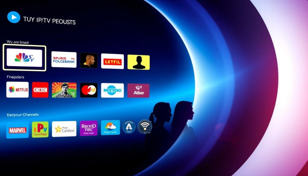 A vibrant interface featuring a customizable dashboard showcasing a user's favorite IPTV channels. In the foreground, various channel logos and thumbnails are neatly arranged, allowing for easy access and personalization. The middle ground depicts silhouetted user profiles, each with a distinct avatar, emphasizing the ability to create and switch between personalized viewing experiences. In the background, a sleek and minimalist design creates a sense of sophistication, complemented by subtle lighting effects that enhance the overall aesthetic. The scene conveys a user-centric, intuitive, and visually appealing approach to IPTV channel customization and navigation.