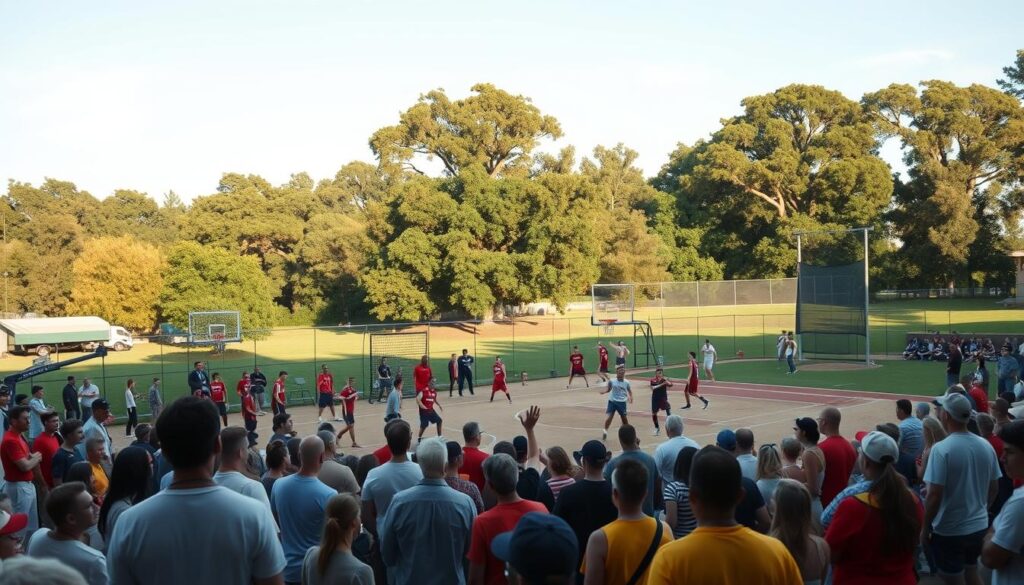 A vibrant panorama of regional sports events, captured with a wide-angle lens under warm, natural lighting. In the foreground, a crowd cheers enthusiastically as athletes compete in a spirited game of basketball on an outdoor court. In the middle ground, a lush park setting with towering trees provides a scenic backdrop, while in the distance, a baseball diamond hosts a spirited game, the crack of the bat echoing through the air. The atmosphere is one of community, camaraderie, and the pure joy of sports, inviting the viewer to immerse themselves in the energy and excitement of these beloved local pastimes.