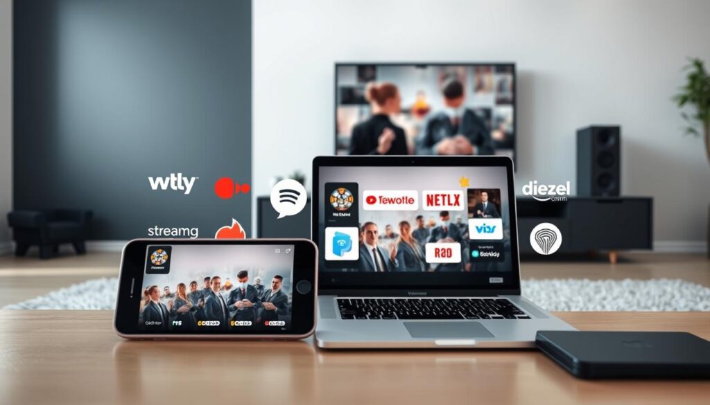 A vibrant scene of modern live streaming services displayed on a variety of digital devices. In the foreground, a smartphone, tablet, and laptop showcase crisp, high-definition video streams, their screens casting a soft glow. The middle ground features a selection of popular streaming service logos and icons, conveying the diverse options available. In the background, a sleek, minimalist home entertainment setup, complete with a large, flat-screen television, creates a sense of a cutting-edge, tech-savvy environment. The lighting is soft and natural, lending an air of sophistication and accessibility to the scene. The overall composition exudes a sense of convenience, flexibility, and the seamless integration of live streaming into contemporary digital lifestyles.