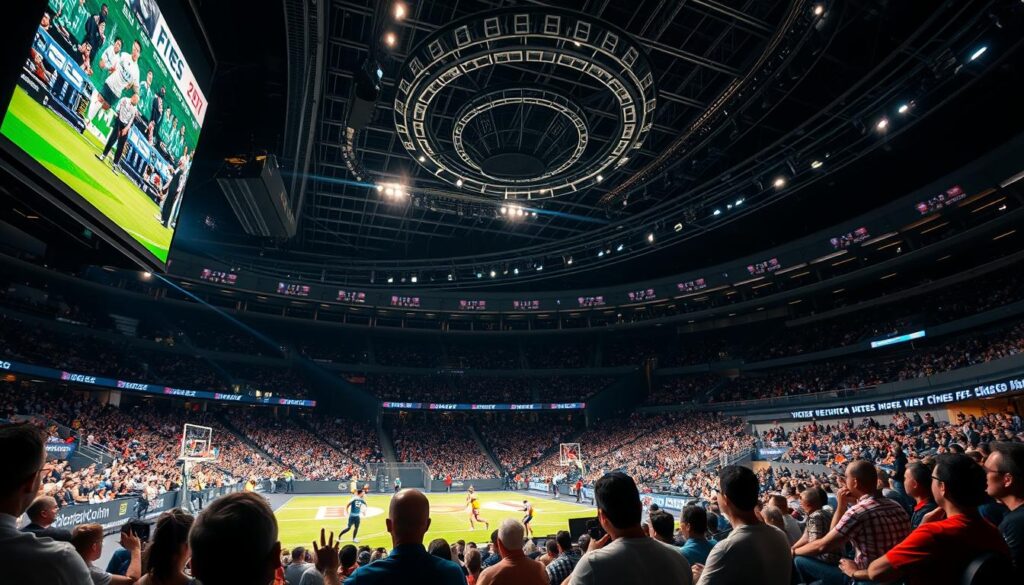 A vibrant sports arena, with spectators eagerly watching various events unfold on large, high-resolution streaming screens. The lighting is dramatic, casting dynamic shadows and highlights across the scene. In the foreground, close-up views of athletes engaged in intense competition, their expressions and movements captured with cinematic clarity. The middle ground features a sleek, modern interior design, with comfortable seating and state-of-the-art streaming equipment. The background showcases an expansive, panoramic view of the venue, highlighting the scale and grandeur of the event. The overall atmosphere is one of excitement, anticipation, and a seamless integration of live action and real-time streaming technology.