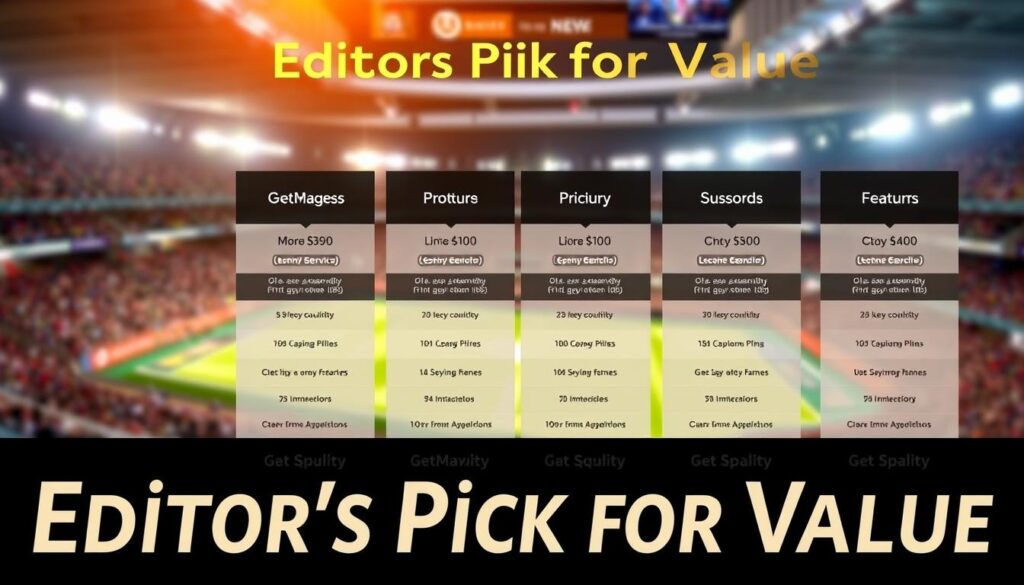 A visually striking, high-resolution image of GetMaxTV's pricing plans and packages, presented in a clean, modern layout. The foreground features a crisp, detailed display of the various subscription tiers, pricing, and feature breakdowns, accentuated by a soft, warm lighting that creates a sense of premium quality. The middle ground showcases a subtle, blurred backdrop of a sports stadium or arena, hinting at the live sports content accessible through GetMaxTV's IPTV service. The overall atmosphere is one of professionalism, value, and the excitement of live sports streaming, making it the ideal visual representation for the "Editor's Pick for Value" section of the article.