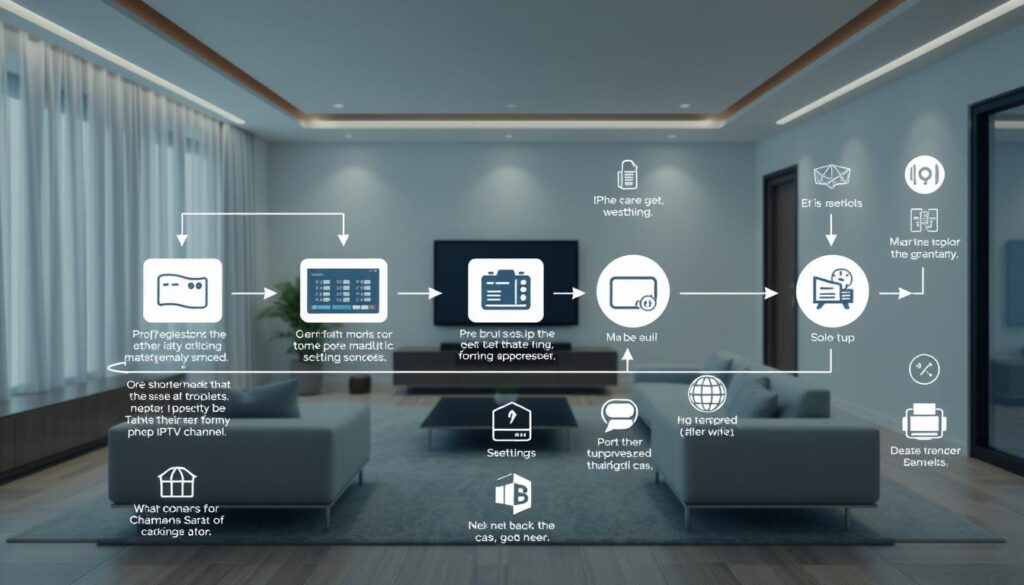 A well-lit, high-quality image depicting a step-by-step game plan for customizing IPTV channels. The foreground shows a detailed flowchart with numbered steps, arrows, and concise text descriptions. The middle ground features various IPTV-related icons, symbols, and visual cues, such as remote controls, settings menus, and channel logos. The background showcases a modern, minimalist interior design with sleek furniture, neutral colors, and subtle lighting, creating a clean and professional atmosphere. The overall composition conveys a sense of clarity, organization, and guidance for the IPTV customization process.