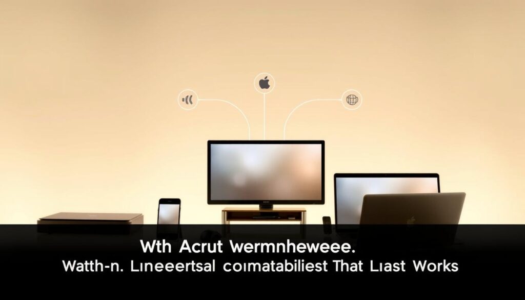 A well-lit, high-resolution image of various electronic devices, including a smart TV, a smartphone, a tablet, and a laptop, seamlessly connected and communicating with each other. The devices are arranged in a harmonious, ergonomic layout, conveying a sense of effortless integration and compatibility. The background features a clean, minimalist design, with soft, neutral tones that provide a calming and sophisticated ambiance. The overall scene exudes a mood of modern, user-friendly technology that "just works," perfectly suited for the "Watch Anywhere: Universal Device Compatibility That Just Works" section of the article.