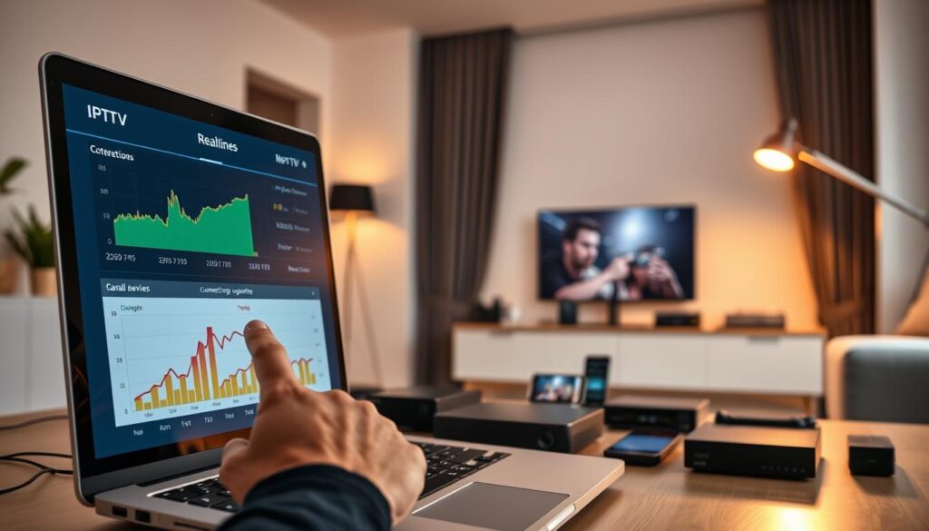 A well-lit home office, where a laptop displays real-time IPTV metrics: buffering rates, connection stability, and video quality. In the foreground, a user's hand points to the data, evaluating the service. The middle ground features an array of IPTV devices, from set-top boxes to mobile phones, showcasing the diverse platforms supported. The background depicts a sleek, modern interior, with clean lines and minimalist decor, creating a professional, analytical atmosphere. The lighting is warm and focused, drawing the viewer's attention to the evaluation process. The overall scene conveys a sense of diligent assessment, as the user meticulously analyzes the IPTV service for optimal, buffer-free performance.
