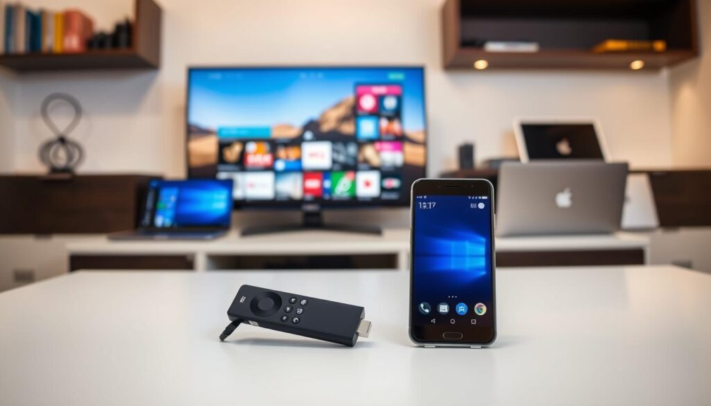 A well-lit, modern home entertainment setup featuring an array of devices on a sleek, minimalist table. In the foreground, a Fire TV Stick and an Android smartphone take center stage, showcasing their compatibility for IPTV services. In the middle ground, a smart TV and a Windows laptop sit side by side, representing the diverse range of devices that can access these low-cost IPTV offerings. The background features an Apple iPad and a MacBook, completing the spectrum of platforms supported. The scene is bathed in warm, diffused lighting, creating a cohesive and visually appealing composition that highlights the versatility of these affordable IPTV solutions.