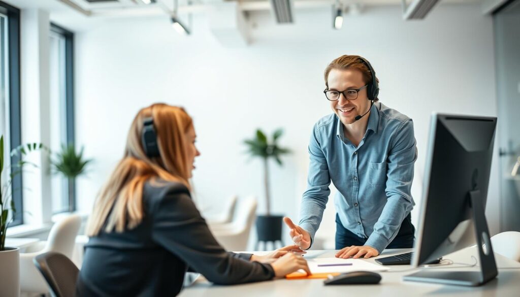 A well-lit, modern office setting with a customer service representative diligently assisting a person at a desk. The agent has a warm, friendly expression and is leaning forward, engaged in a constructive dialogue. The background features sleek, minimalist furniture and decor, conveying a sense of professionalism and efficiency. Soft, diffused lighting creates a welcoming atmosphere, while the angle captures the interaction from a slightly elevated perspective to emphasize the quality of service. The overall scene reflects a positive, customer-centric approach to technical support.