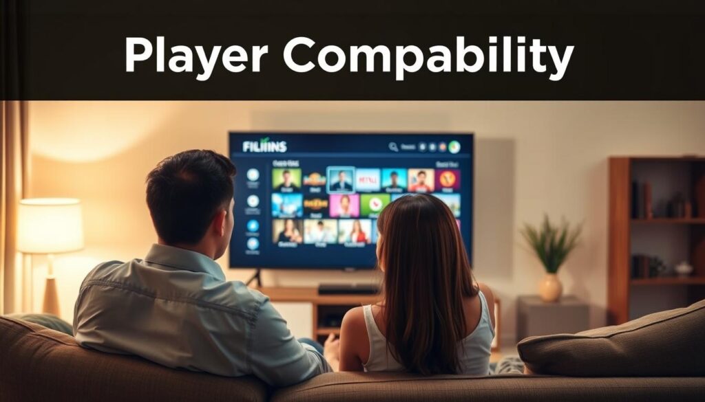 A well-lit scene depicting two people evaluating a television screen, showcasing the concept of "player compatibility" for Filipino IPTV services. The foreground features a man and woman sitting on a couch, intently focused on the screen. The middle ground includes a sleek, modern television set displaying various channel options. The background provides a cozy, living room atmosphere with soft, warm lighting and subtle decorative elements. The overall mood is one of thoughtful consideration and decision-making, reflecting the importance of choosing the right IPTV service and player for optimal viewing experience.