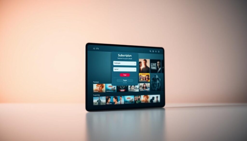 An elegant IPTV subscription interface, with a streamlined layout showcasing a diverse range of live TV channels and on-demand content. The foreground features a sleek mobile device displaying the user-friendly subscription signup process, seamlessly guiding the viewer through the steps. The middle ground presents a series of high-quality thumbnails of popular programming, hinting at the breadth of entertainment options available. In the background, a soft, muted gradient sets a calming and inviting atmosphere, complementing the minimalist design aesthetic. Subtle lighting and camera angles emphasize the intuitive, modern, and hassle-free experience of subscribing to this IPTV service.