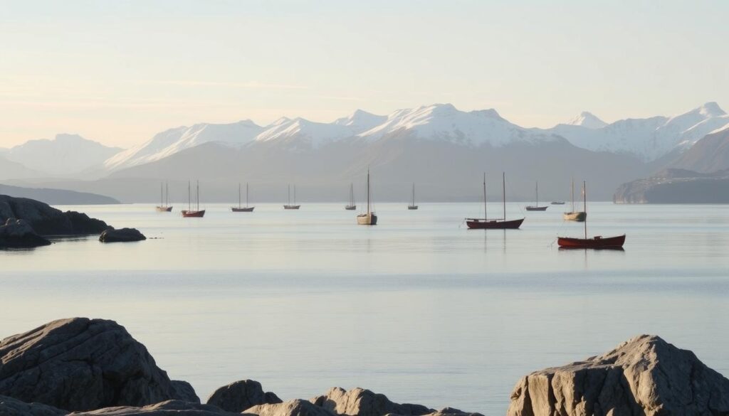 Scandinavian channels: a panoramic view of a serene, minimalist landscape. In the foreground, a tranquil fjord reflects the pastel hues of the sky, fringed by smooth, rocky outcrops. In the middle ground, a fleet of traditional wooden boats bobs gently on the calm waters, their masts and sails casting long shadows. The background is dominated by snow-capped mountains, their peaks piercing the horizon like jagged teeth. The scene is bathed in a soft, diffused natural lighting, creating a sense of peaceful, northern ambiance. The overall mood is one of quiet contemplation, inviting the viewer to immerse themselves in the serene beauty of the Scandinavian waterways.