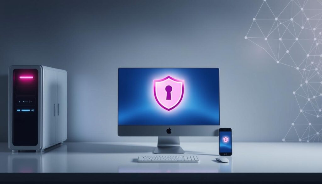 Smooth streaming of high-quality video content, secured by a protective firewall and encrypted data channels. Sleek servers with advanced security protocols, safeguarding user privacy in a minimalist, modern setting. Elegant desktop computer and mobile devices seamlessly connected, enabling uninterrupted access to a vast library of entertainment. Soft lighting accentuates the premium aesthetics, conveying a sense of digital trust and reliability. A backdrop of stylized geometric patterns suggests the complex algorithms powering the secure streaming experience.