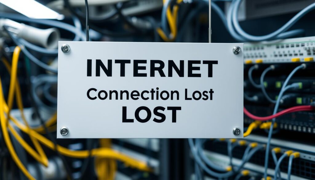 A bright, official-looking notice board displaying an ominous "Internet Connection Lost" message against a blurred background of network cables, routers, and other digital infrastructure. The notice has a clean, modern design with bold typography to command attention. Crisp, even lighting illuminates the scene, creating a sense of professionalism and authority. The overall mood conveys the gravity and importance of the internet connectivity issue, reflecting the seriousness of the subject matter.