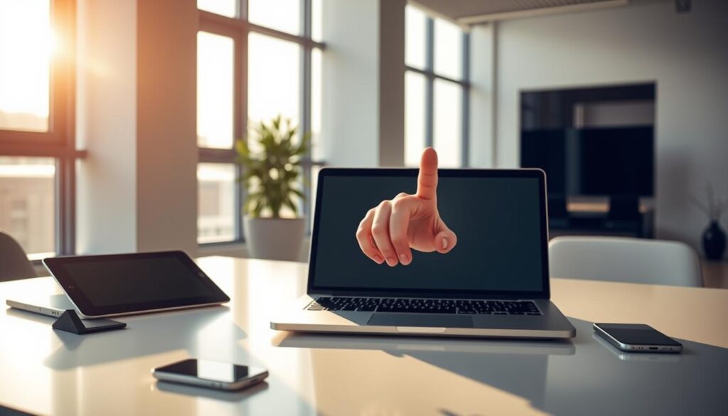 A clean, minimalist office setting with a laptop, tablet, and smartphone prominently displayed on a sleek, modern desk. Sunlight filters in through large windows, casting a warm glow over the scene. In the foreground, a hand hovers over the laptop, about to press a button or icon, symbolizing the moment of plan activation. The background features subtle architectural elements that suggest a professional, corporate environment. The overall mood is one of efficiency, productivity, and technological integration, reflecting the transparency and ease of use that a reliable IPTV provider should offer.