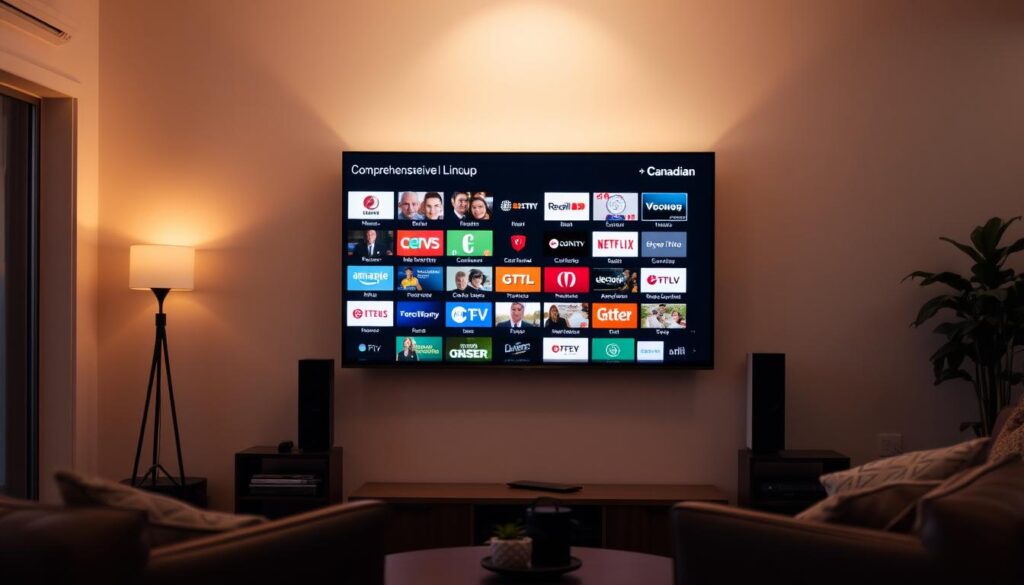 A cozy living room with a sleek, wall-mounted TV displaying a comprehensive channel lineup catered to Canadian viewers. The screen shows a vibrant array of program icons, neatly organized across multiple rows, showcasing a diverse selection of news, sports, entertainment, and lifestyle channels. Soft, warm lighting illuminates the space, creating a welcoming ambiance. The room is styled with modern, minimalist furnishings, allowing the TV display to take center stage. The overall composition conveys a sense of comfort, accessibility, and the availability of a robust, curated viewing experience tailored to the needs of Canadian households.