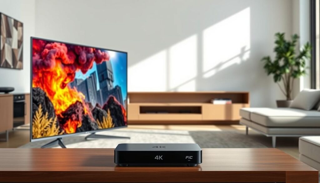 A crisp, high-definition display showcases a vibrant 4K video stream, with rich colors, deep blacks, and exceptional detail. A sleek, modern OLED television stands in the foreground, its screen reflecting the captivating visual content. In the middle ground, a state-of-the-art streaming device connects seamlessly, delivering the best possible image quality. The background features a minimalist, contemporary living room setting, with clean lines and natural lighting that accentuates the clarity and vibrancy of the displayed image. The overall scene conveys the pinnacle of real-world streaming performance, where visual fidelity and immersion are paramount.