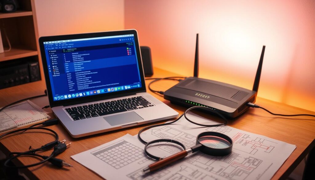 A desktop workspace with a laptop, router, and various troubleshooting tools. The laptop screen displays network diagnostics, while the router's status lights indicate connectivity issues. The workspace is well-lit, with a warm, focused atmosphere. Technical diagrams, cables, and a magnifying glass are scattered across the desk, suggesting a methodical, problem-solving approach. The background features a subtle gradient, emphasizing the subject matter without distracting from the main focus.