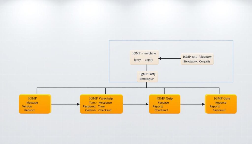 A detailed technical schematic diagram of the IGMP (Internet Group Management Protocol) protocol, rendered with precision and clarity. The foreground depicts the IGMP message structure, with clearly labeled fields for Version, Type, Max Response Time, Checksum, and Group Address. The middle ground showcases the IGMP state machine, illustrating the various IGMP membership report and query processes. The background features a clean, minimalist interface with subtle grid lines, conveying a sense of technical professionalism and practicality. The lighting is soft and even, casting a neutral tone that emphasizes the technical nature of the subject matter. The overall composition is balanced, with a focus on delivering a comprehensive, informative visual aid for the article's section on IPTV router settings in Canada.