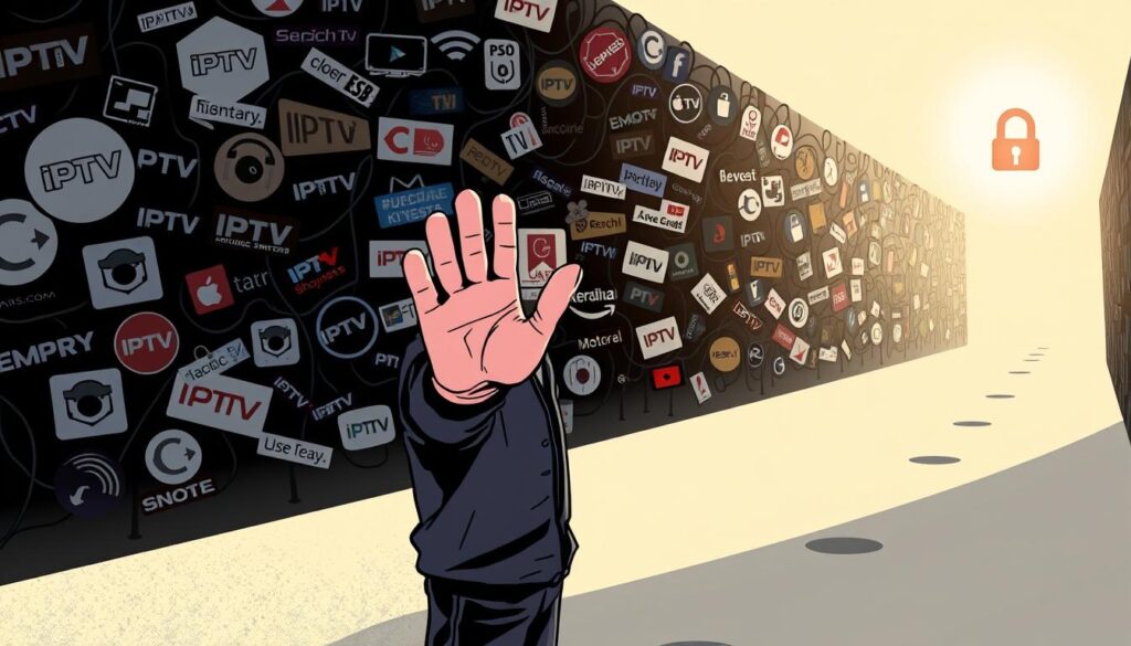 A digital illustration depicting a person cautiously navigating a maze of unlicensed IPTV providers. In the foreground, a wary individual stands with a hand raised, as if signaling "stop." Their expression conveys a mix of concern and determination. The middle ground features a tangled web of shady-looking IPTV logos, icons, and sketchy-looking links, casting an ominous shadow. In the background, a bright, well-lit path leads towards a secure, licensed IPTV service, represented by a clean, trustworthy interface. The overall scene emphasizes the importance of avoiding unlicensed IPTV providers and choosing legal, reliable options for streaming content.