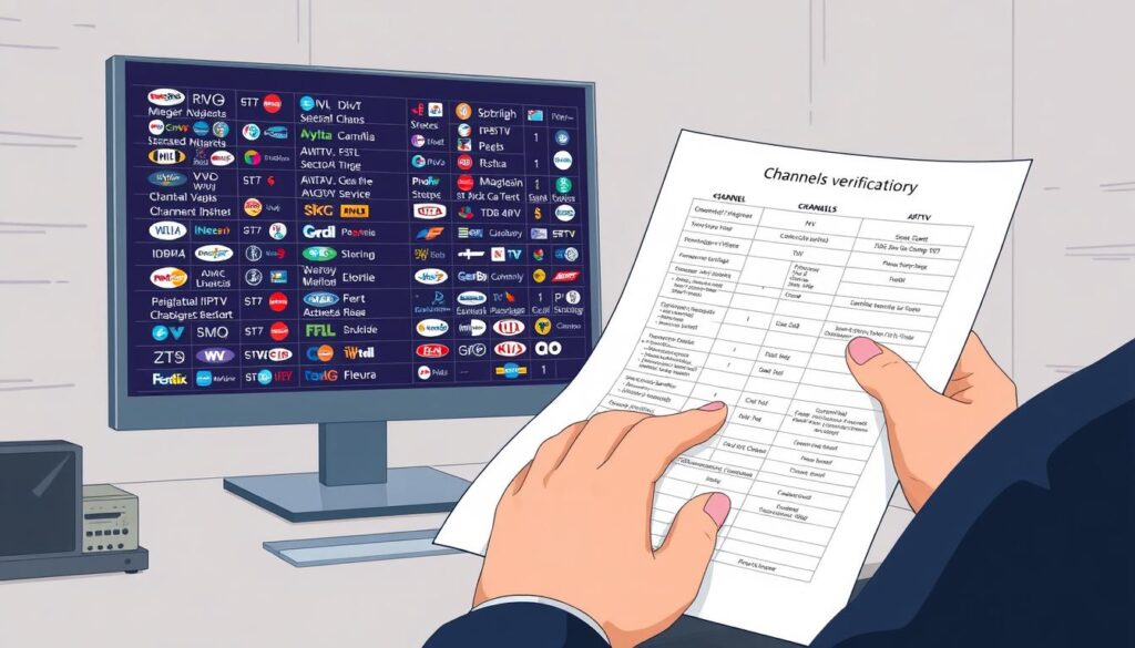 A high-resolution digital illustration showcasing a comprehensive "channels verification" process. In the foreground, a digital document or interface displays a detailed list of IPTV channels, each with a distinct icon or logo. The middle ground features a meticulous inspection process, with human hands carefully cross-checking the channel list against a set of licensing and rights information. The background subtly suggests a legal or regulatory environment, with a muted color palette and subtle linear elements to convey a sense of authority and legitimacy. The overall atmosphere is one of diligence, attention to detail, and a commitment to ensuring the legality and transparency of the IPTV service.