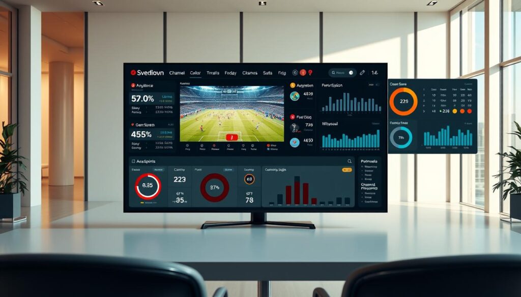 A high-resolution, photorealistic image of a sophisticated sports channel evaluation dashboard. In the foreground, a sleek, modern interface displays detailed metrics and analytics for various sports channels - audience numbers, viewer engagement, channel quality scores, and more. In the middle ground, a large screen shows a live sports broadcast, its crisp, vibrant visuals complementing the clean UI. The background features a minimalist office setting with floor-to-ceiling windows, bathed in warm, natural lighting that accentuates the professionalism and technological prowess of the scene. The overall atmosphere conveys a sense of expert analysis, data-driven decision making, and the pursuit of the ultimate sports viewing experience.
