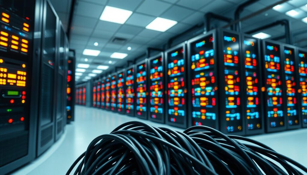 A high-tech data center filled with rows of sleek, state-of-the-art servers, their bright LED indicators blinking in a rhythmic pattern. The servers are positioned in a clean, minimalist environment, bathed in a soft, diffused lighting that creates an atmosphere of technological sophistication. In the foreground, a cluster of network cables and ethernet ports convey the idea of secure, high-speed internet connectivity. The overall scene conveys a sense of efficiency, reliability, and the ability to handle the demands of modern video streaming, even in the face of ISP throttling.