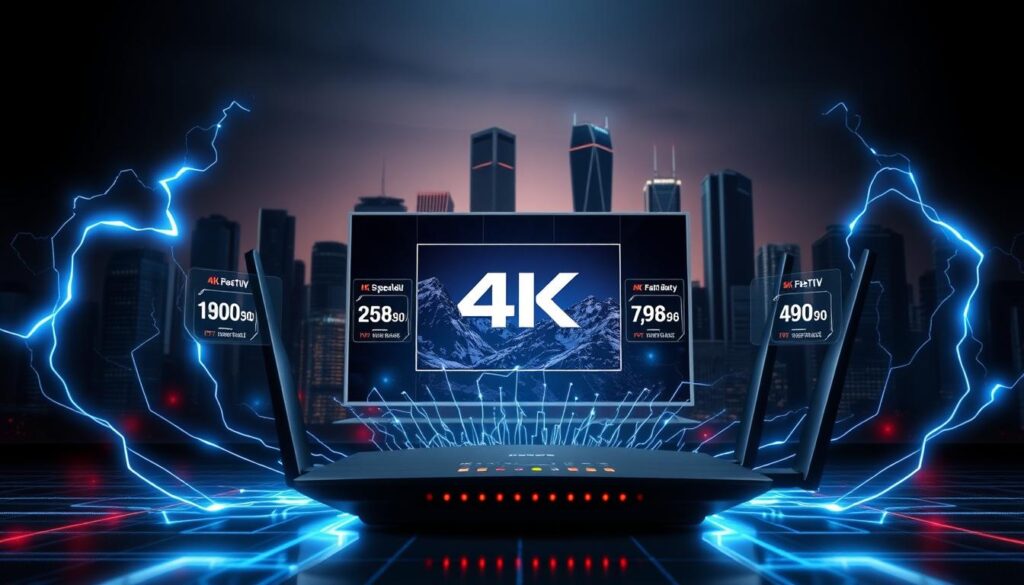 A high-tech digital landscape depicting the concept of internet speed for 4K IPTV in Canada. In the foreground, a sleek router emits glowing data streams representing lightning-fast broadband connectivity. In the middle ground, a modern TV displays a crystal-clear 4K video, surrounded by information panels showcasing download/upload speeds and bandwidth statistics. The background features a stylized cityscape with towering skyscrapers, signifying the urban setting. The overall scene conveys a sense of technological advancement, efficiency, and the ability to enjoy seamless 4K streaming in Canadian households.