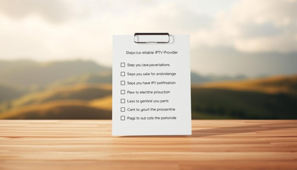 A minimalist and clean-looking checklist floating in a warm, natural setting. In the foreground, a checklist with bullet points outlining steps to pick a reliable IPTV provider in Canada, rendered in a simple, sans-serif font. The checklist is placed on a smooth, wood-textured surface, with subtle shadows adding depth. The background is a soft, blurred landscape of rolling hills and a cloudy sky, creating a serene, contemplative atmosphere. The lighting is soft and diffused, accentuating the natural tones and textures. Overall, the image conveys a sense of practicality and guidance for the viewer.