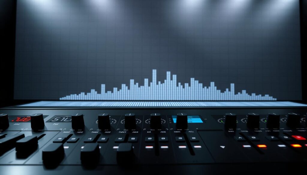 A modern, high-tech audio control panel with sleek, minimalist styling. The foreground features a row of digital sliders and knobs for adjusting levels, bass, treble, and various audio settings. The middle ground shows a 3D visualization of audio waveforms and EQ levels, with dynamic real-time response. The background has a subtle, futuristic grid pattern and muted color palette, suggesting a professional studio or broadcast environment. Bright, directional lighting casts dramatic shadows, creating depth and emphasizing the technical details. The overall scene conveys a sense of precision, control, and the ability to fine-tune the audio experience for live channels, sports, and movies.