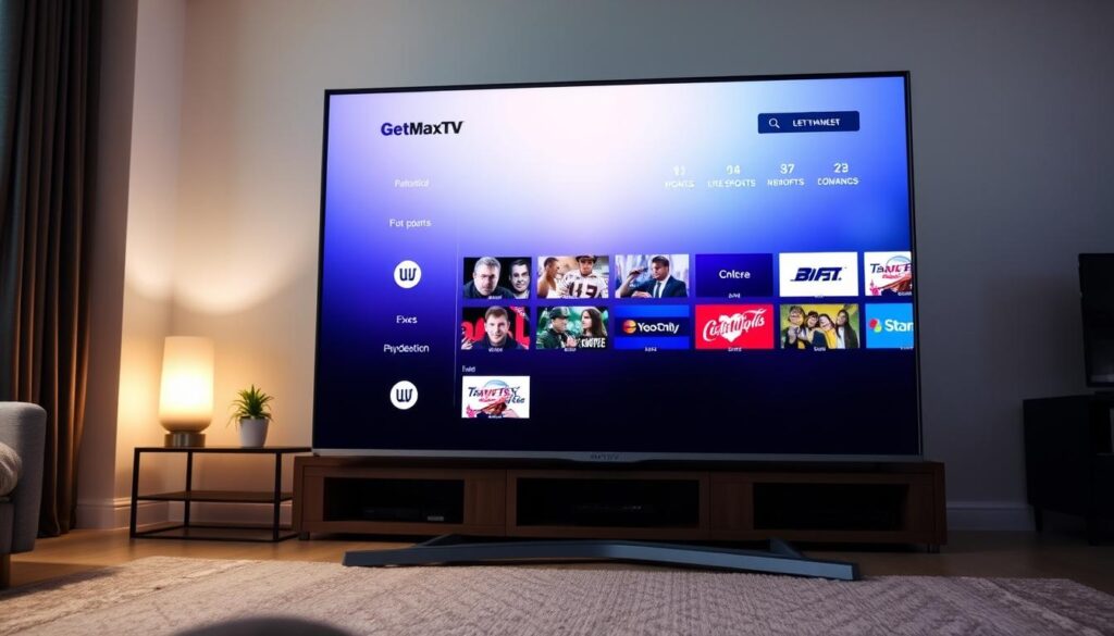 A modern, high-tech television display showcasing the GetMaxTV iptv service interface. The screen displays a sleek, minimalist design with a clean navigation menu and vibrant, high-definition content. The device is positioned in a well-lit, contemporary living room setting, with subtle ambient lighting and a neutral color palette creating a comfortable, inviting atmosphere. The camera angle is slightly angled to capture the screen at an engaging perspective, highlighting the service's user-friendly layout and premium visual quality. The overall scene conveys a sense of accessibility, reliability, and the convenience of accessing live sports and on-demand content through a legal Canadian IPTV provider.