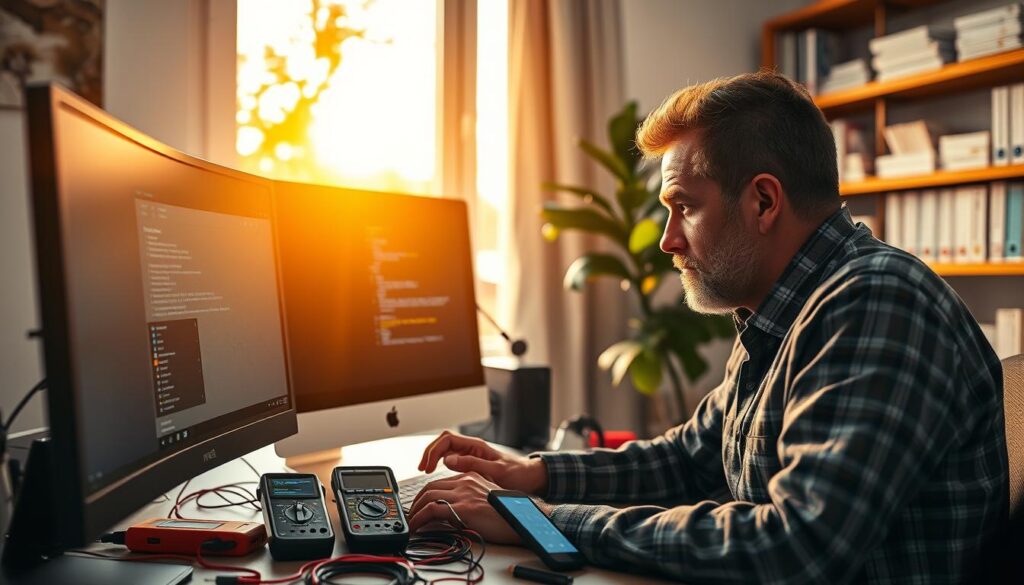 A modern home office setup, bathed in warm, golden light from a large window. A person intently examining a desktop computer, brows furrowed in concentration as they troubleshoot a technical issue. Surrounding them, an array of diagnostic tools - multimeters, cable testers, and a smartphone displaying network diagnostics. In the background, shelves lined with technical manuals and reference guides, conveying a sense of expertise and problem-solving. The atmosphere is one of focus and determination, as the individual works to identify and resolve the problem at hand, ensuring a stable and reliable IPTV streaming experience.