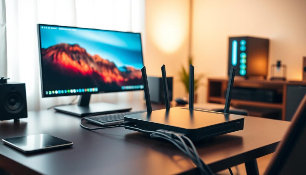 A modern home office with a sleek, minimalist desk and a high-performance desktop computer. The room is bathed in warm, soft lighting, creating a cozy and productive atmosphere. On the desk, a state-of-the-art router sits prominently, with Ethernet cables neatly organized and connected to the computer. The image conveys a sense of reliable, high-speed internet connectivity, perfect for seamless streaming of 4K content.