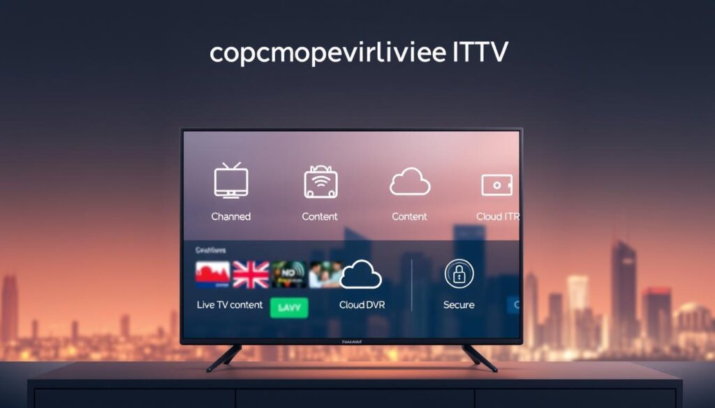 A modern, minimalist illustration of the core features of a compliant IPTV service. In the foreground, a sleek, high-resolution TV display showcasing crystal-clear live TV channels, on-demand content, and cloud DVR capabilities. In the middle ground, intuitive user interface icons representing seamless device compatibility, reliable content delivery, and secure streaming. In the background, a subtle cityscape skyline bathed in warm, cinematic lighting, symbolizing the global reach and accessibility of the IPTV platform. The overall composition conveys a sense of technological sophistication, user-centric design, and compliance with industry standards.