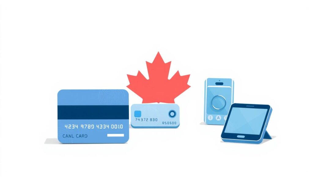 A modern, minimalist illustration of various payment methods available in Canada. In the foreground, a clean composition showcases a credit card, debit card, mobile wallet, and digital payment icons, arranged harmoniously. The middle ground features subtle textures and gradients in a cool, blue-toned color palette, evoking a sense of security and reliability. The background is a simple, uncluttered white space, allowing the payment options to take center stage. Soft, diffused lighting casts gentle shadows, lending depth and dimensionality to the scene. The overall mood is one of sophistication, accessibility, and the seamless integration of digital and traditional payment solutions for the Canadian market.