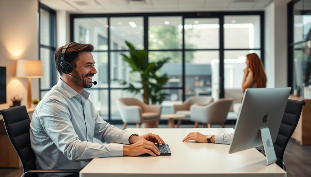 A modern office with a warm, welcoming atmosphere. In the foreground, a customer service representative sits at a clean, minimalist desk, wearing a crisp button-down shirt and a friendly expression as they assist a customer on a video call. The middle ground features a cozy seating area with plush chairs and a potted plant, creating an inviting space for in-person meetings. The background showcases large windows that let in natural light, softly illuminating the scene. The overall mood conveys professionalism, empathy, and a genuine commitment to providing exceptional customer support.