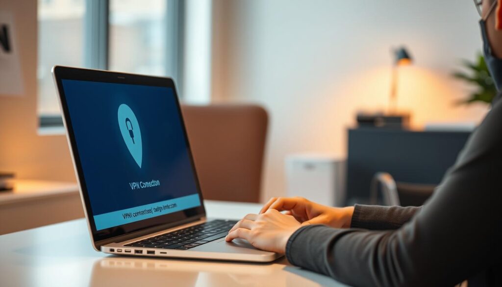 A modern office workspace with a person using a laptop, the screen displaying a VPN connection. Soft, warm lighting illuminates the scene, creating a sense of focus and productivity. The laptop is placed on a clean, minimal desk, with other office accessories in the background, suggesting a professional environment. The person's expression conveys a sense of privacy and security as they navigate the online world through the VPN connection. The overall mood is one of efficiency, privacy, and technological savvy.
