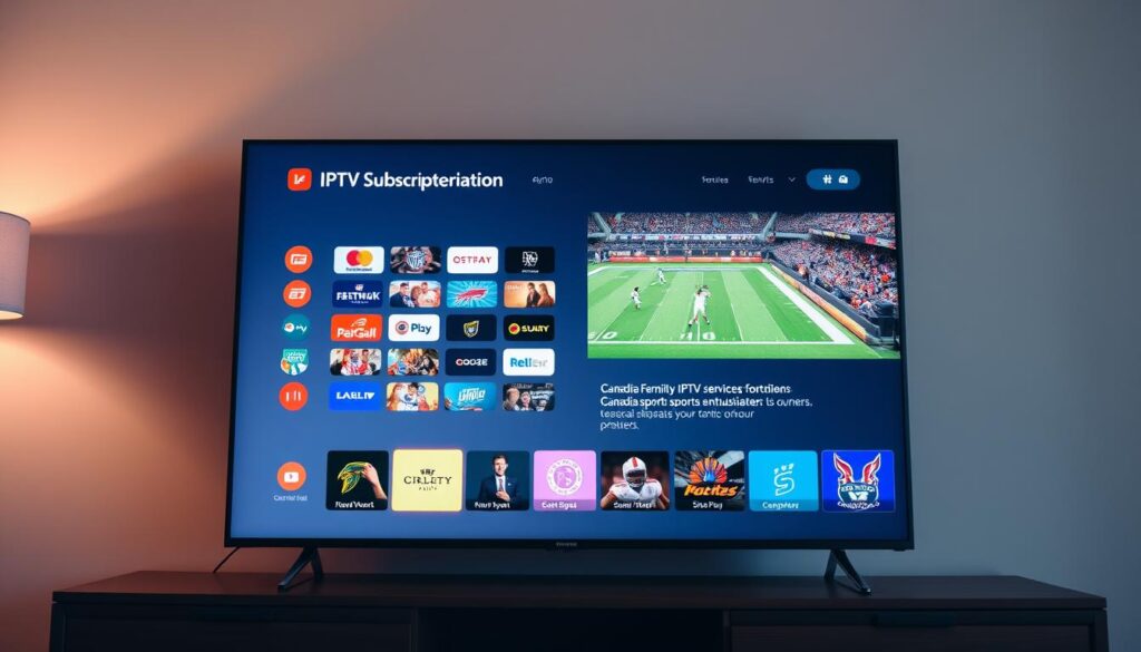 A modern, sleek IPTV subscription interface displayed on a large, high-definition television screen. The screen showcases a clean, minimalist design with a grid of colorful channel icons, intuitive navigation menus, and a prominently featured live sports event. The image conveys a sense of professionalism and compliance, reflecting a legal, premium IPTV service tailored for Canadian sports enthusiasts. Soft, diffused lighting illuminates the scene, creating a warm, inviting atmosphere. The overall composition emphasizes the visual appeal and user-friendliness of a compliant IPTV solution.
