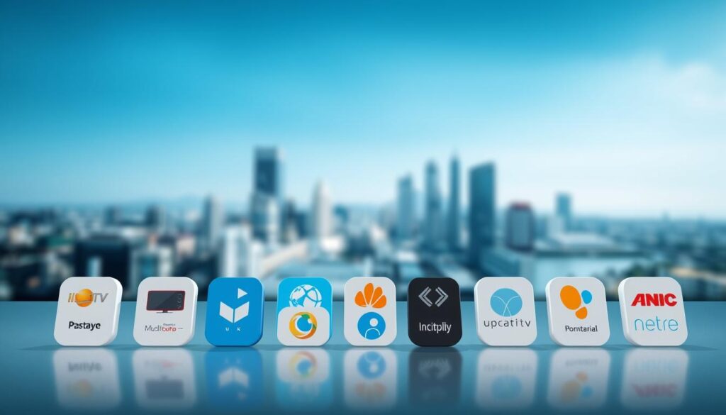 A modern, sleek image showcasing various IPTV service providers. In the foreground, a grid of minimalist app icons representing different IPTV providers, rendered in a crisp, high-resolution style. The icons are arranged neatly, casting subtle shadows to create depth. In the middle ground, a blurred background depicts a cityscape or network infrastructure, hinting at the technology powering these IPTV services. The lighting is clean and directional, creating a professional, informative atmosphere. The overall composition is balanced and visually appealing, inviting the viewer to explore and compare the available IPTV options.
