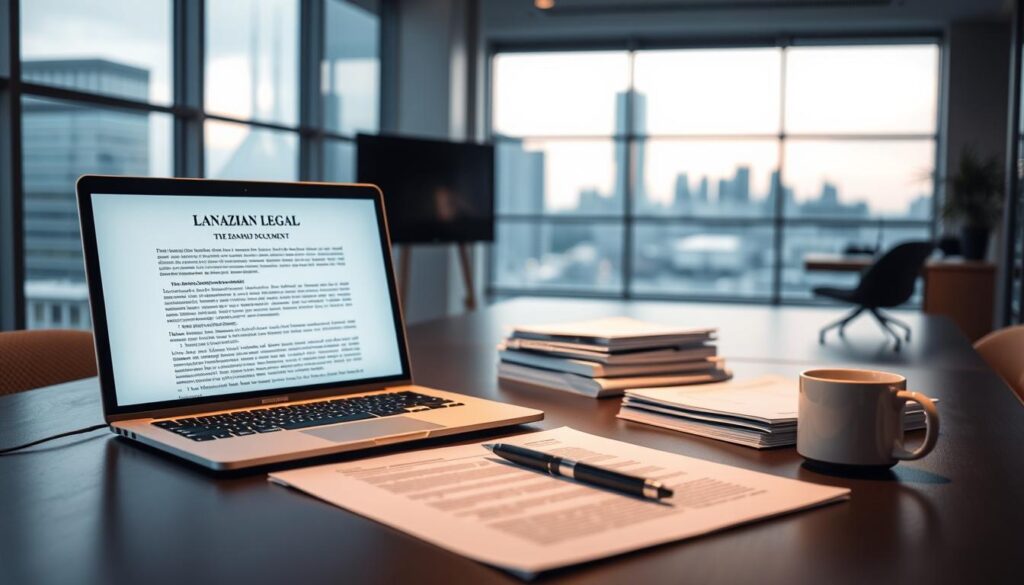 A modern, sleek office setting with a focus on the essential elements of IPTV and Canadian copyright law. In the foreground, a laptop displays an interactive legal document, its screen illuminated by warm lighting. In the middle ground, a neatly organized desk features a stack of legal documents, a pen, and a mug of coffee, conveying a sense of professionalism and attention to detail. The background depicts a minimalist, glass-walled office overlooking a cityscape, suggesting the contemporary, technology-driven nature of the subject matter. The overall atmosphere is one of authoritative knowledge, legal expertise, and a deep understanding of the nuances of IPTV and Canadian copyright regulations.