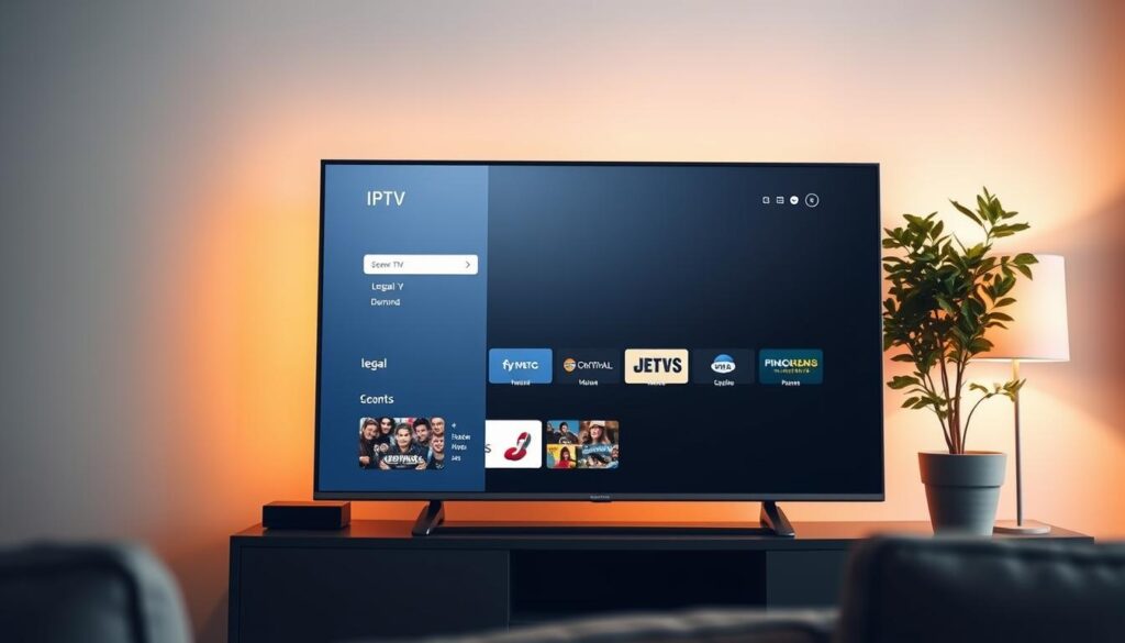 A modern, well-designed IPTV interface displayed on a sleek, minimalist smart TV screen. The UI features clean lines, intuitive navigation, and a variety of legal on-demand content options. Soft, warm lighting emanates from the screen, casting a comfortable glow on the living room setting. In the background, a tasteful bookshelf and potted plant create a cozy, homely atmosphere, conveying a sense of trust and security. The overall scene suggests a premium, legitimate IPTV service that provides a seamless, safe viewing experience for the user.
