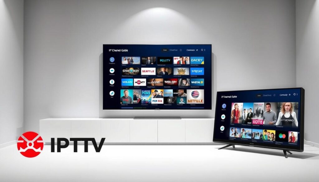 A modern, well-designed IPTV service with a sleek user interface, displaying a variety of high-definition channels. The foreground shows the IPTV provider's logo and branding, conveying professionalism and reliability. The middle ground features the IPTV service's channel guide, showcasing the diverse content available. The background depicts a minimalist, clean setting with subtle lighting, creating a sense of sophistication and quality. The overall atmosphere is one of a premium, trustworthy IPTV solution suitable for the Canadian market.