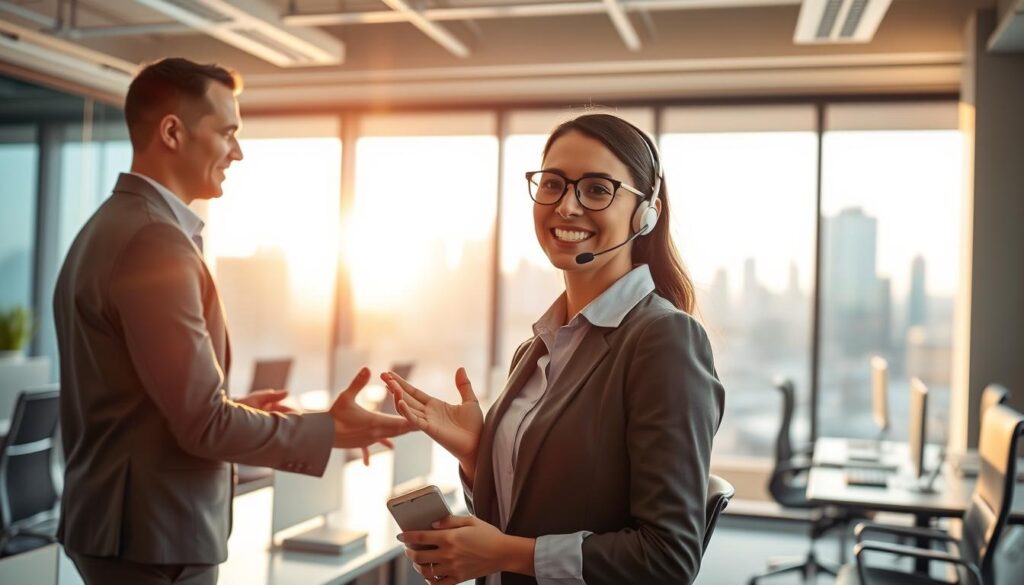 A modern, well-lit customer service office with a warm, approachable atmosphere. In the foreground, a friendly, attentive customer service representative smiles and gestures while assisting a satisfied customer. Behind them, a clean, organized workspace with sleek, ergonomic desks and chairs. The background features a large window overlooking a bustling city skyline, bathed in the golden glow of the afternoon sun. The overall scene conveys a sense of professionalism, efficiency, and a genuine commitment to providing excellent customer support.