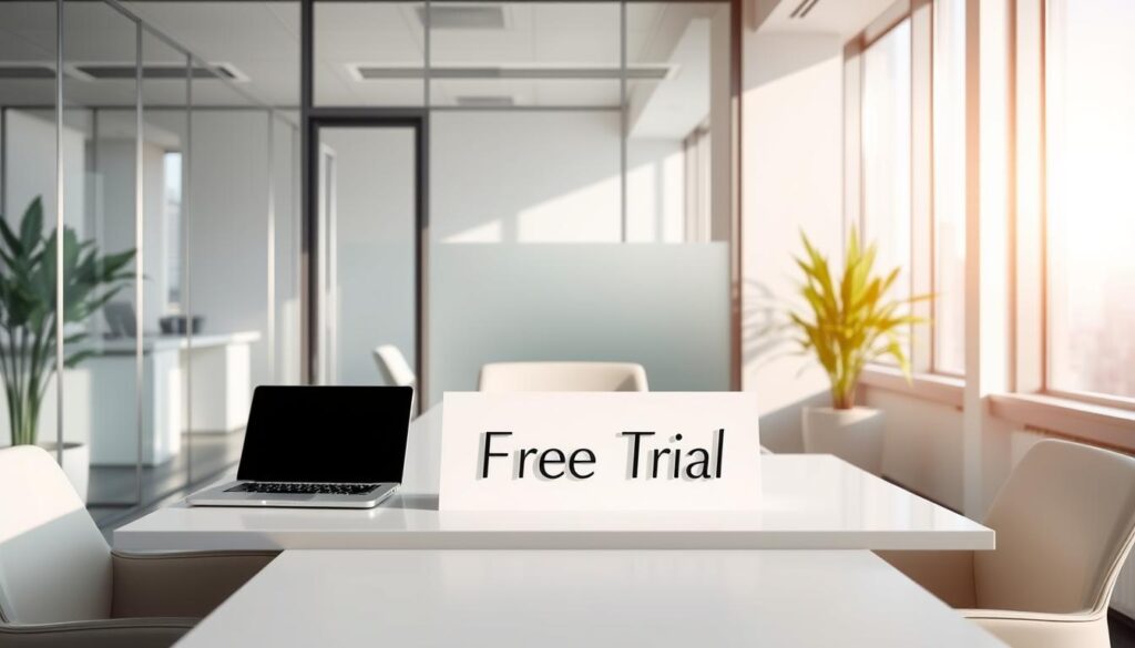 A serene, modern workspace with a sleek, glass-enclosed office space. Soft, natural light filters in through large windows, casting a warm glow on the minimalist furniture and decor. On the desk, a laptop and a simple, elegant sign that reads "Free Trial" in a clean, sans-serif font. The atmosphere conveys a sense of professionalism, simplicity, and accessibility, inviting the viewer to explore the offered services with ease and confidence.